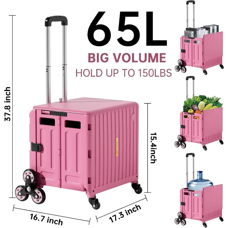 Folding Utility Cart for Housewife & Parents: Expandable Rolling Cart with Wheels, Pink Storage Organizer for Home