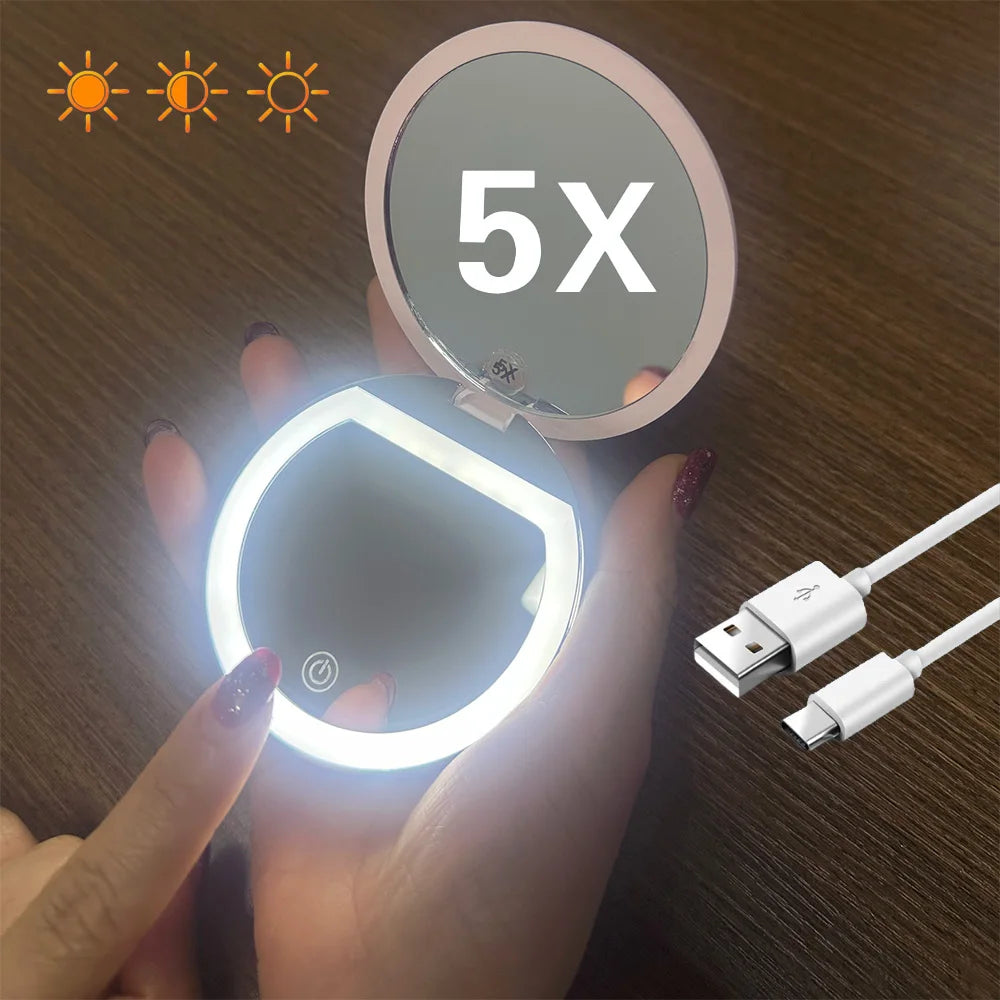 5X Magnification Mini Compact Foldable LED Makeup Mirror Touch Controlled Rechargeable Portable for Travel Pocket Personalized