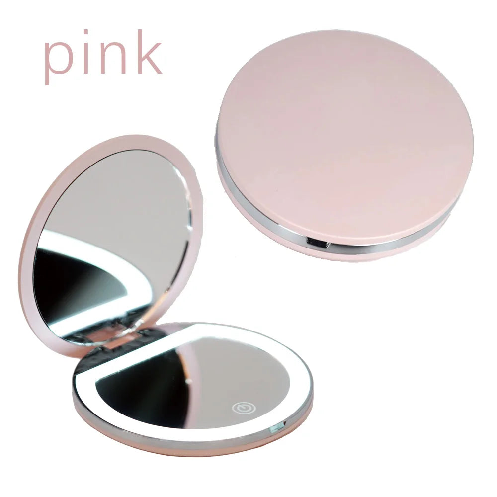 5X Magnification Mini Compact Foldable LED Makeup Mirror Touch Controlled Rechargeable Portable for Travel Pocket Personalized