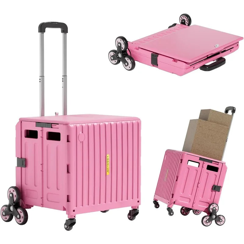 Folding Utility Cart for Housewife & Parents: Expandable Rolling Cart with Wheels, Pink Storage Organizer for Home