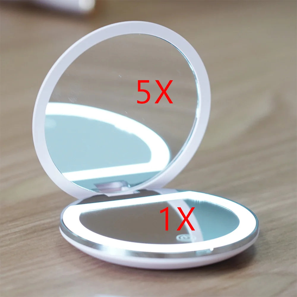 5X Magnification Mini Compact Foldable LED Makeup Mirror Touch Controlled Rechargeable Portable for Travel Pocket Personalized
