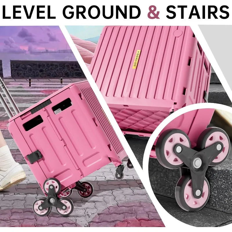 Folding Utility Cart for Housewife & Parents: Expandable Rolling Cart with Wheels, Pink Storage Organizer for Home
