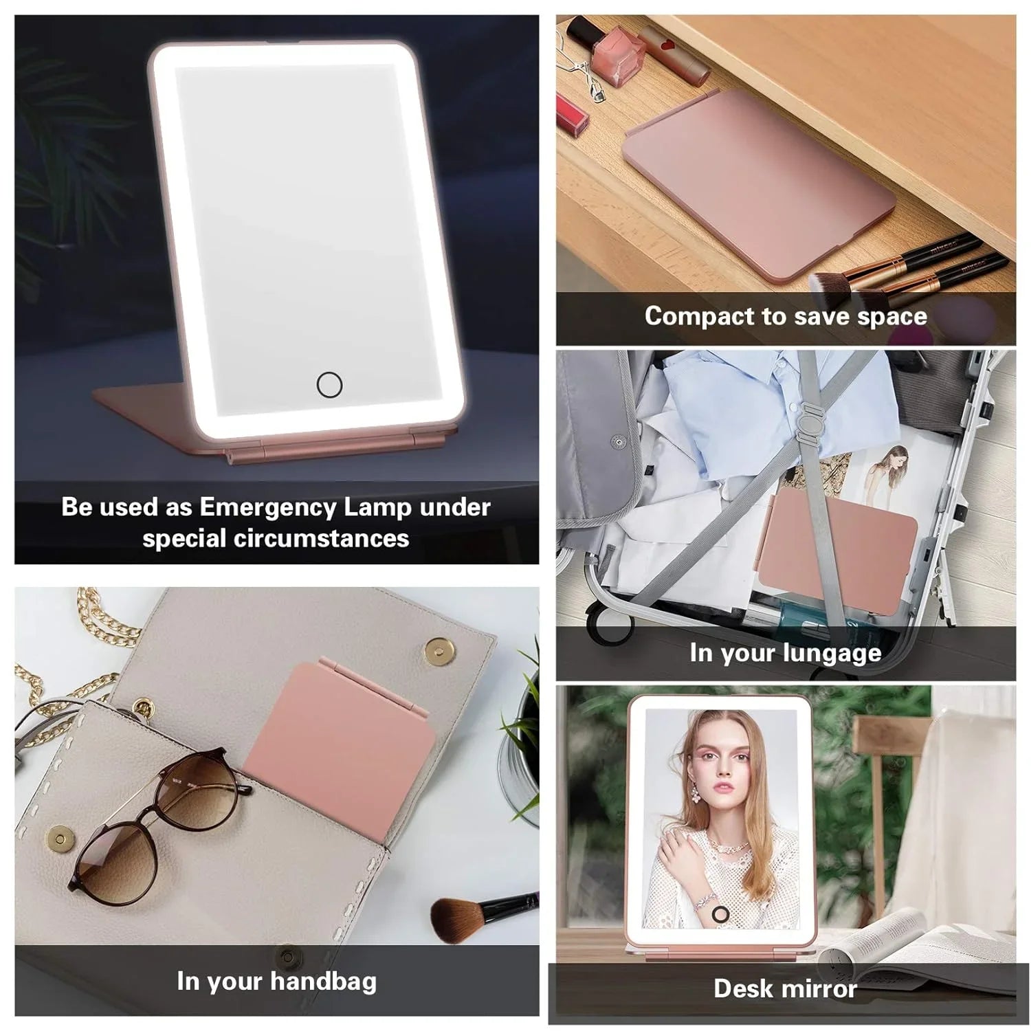LED Foldable Travel Makeup Mirror 3 Colors Light Modes USB Rechargeable Touch Screen Portable Tabletop Cosmetic Mirror Handheld