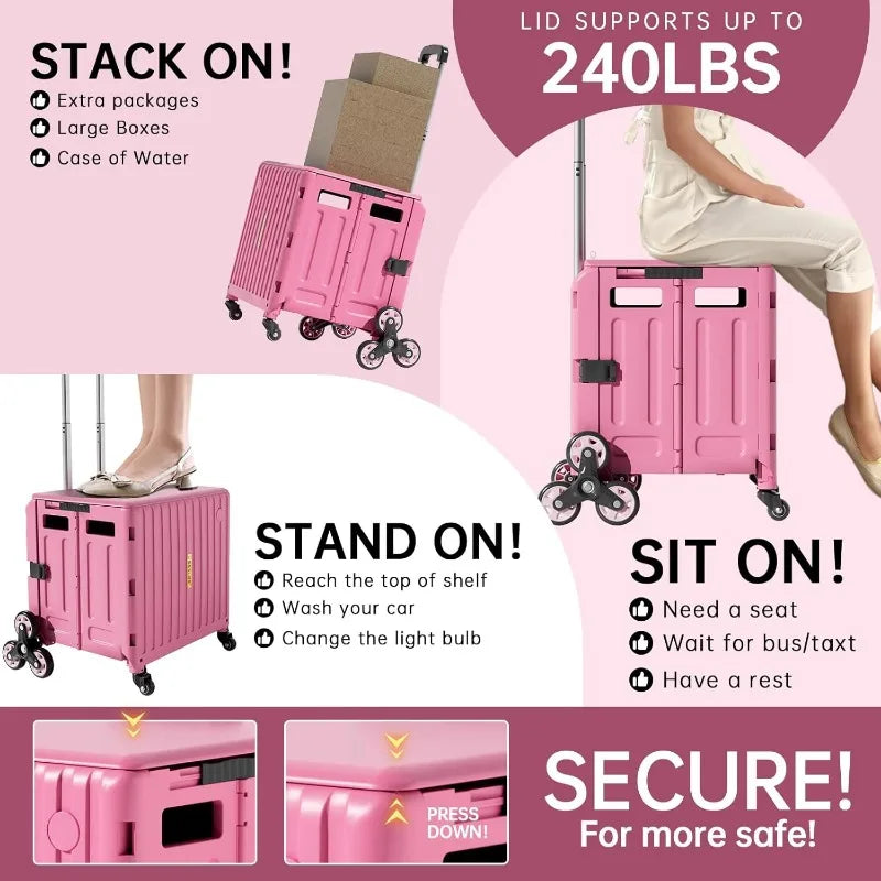Folding Utility Cart for Housewife & Parents: Expandable Rolling Cart with Wheels, Pink Storage Organizer for Home