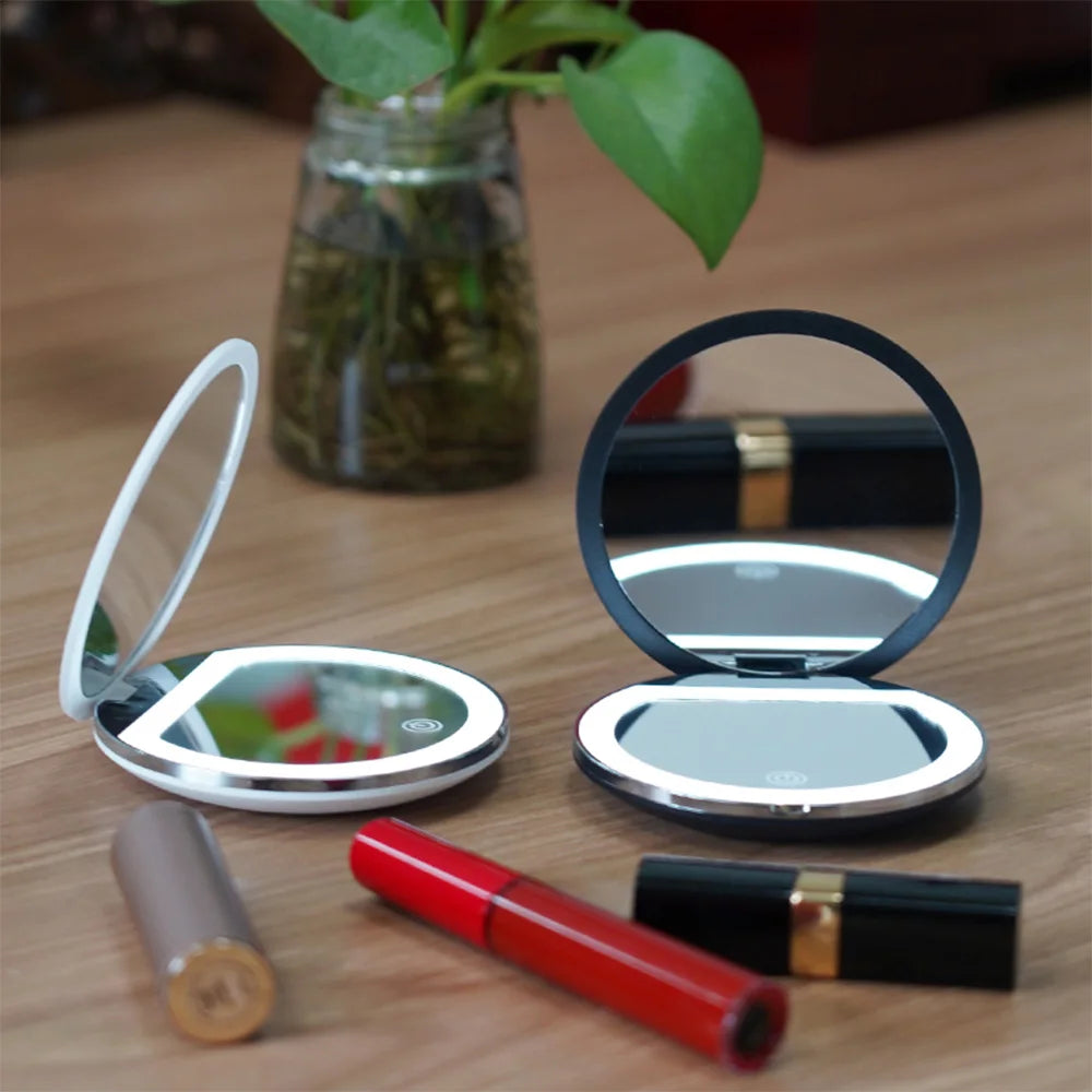 5X Magnification Mini Compact Foldable LED Makeup Mirror Touch Controlled Rechargeable Portable for Travel Pocket Personalized