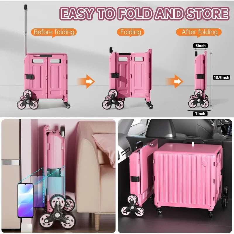 Folding Utility Cart for Housewife & Parents: Expandable Rolling Cart with Wheels, Pink Storage Organizer for Home