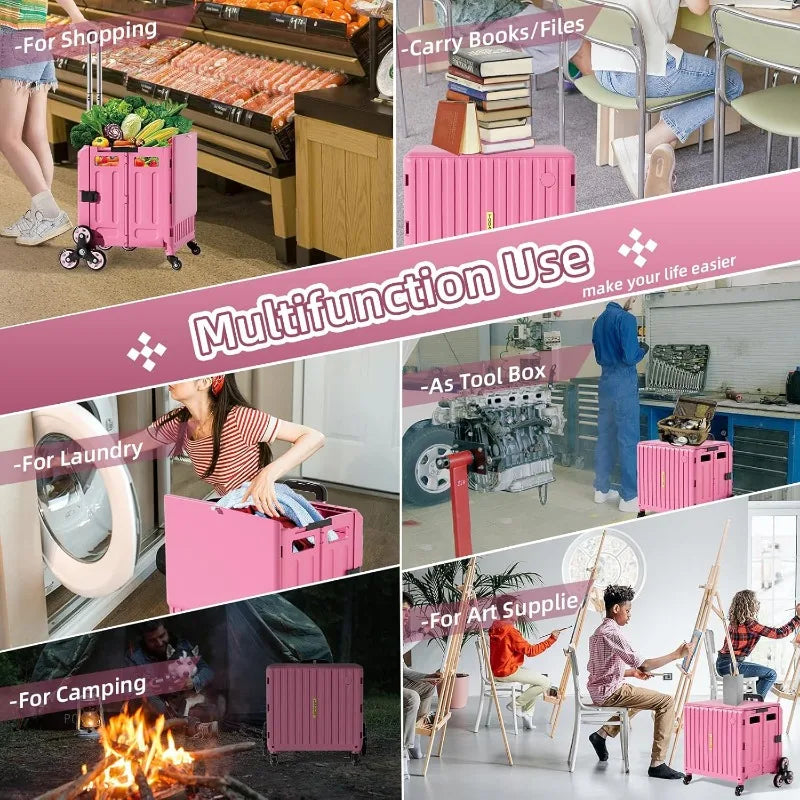 Folding Utility Cart for Housewife & Parents: Expandable Rolling Cart with Wheels, Pink Storage Organizer for Home
