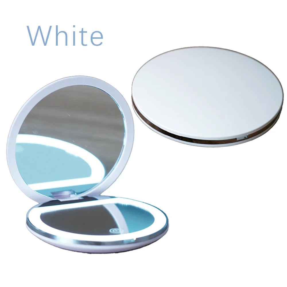 5X Magnification Mini Compact Foldable LED Makeup Mirror Touch Controlled Rechargeable Portable for Travel Pocket Personalized