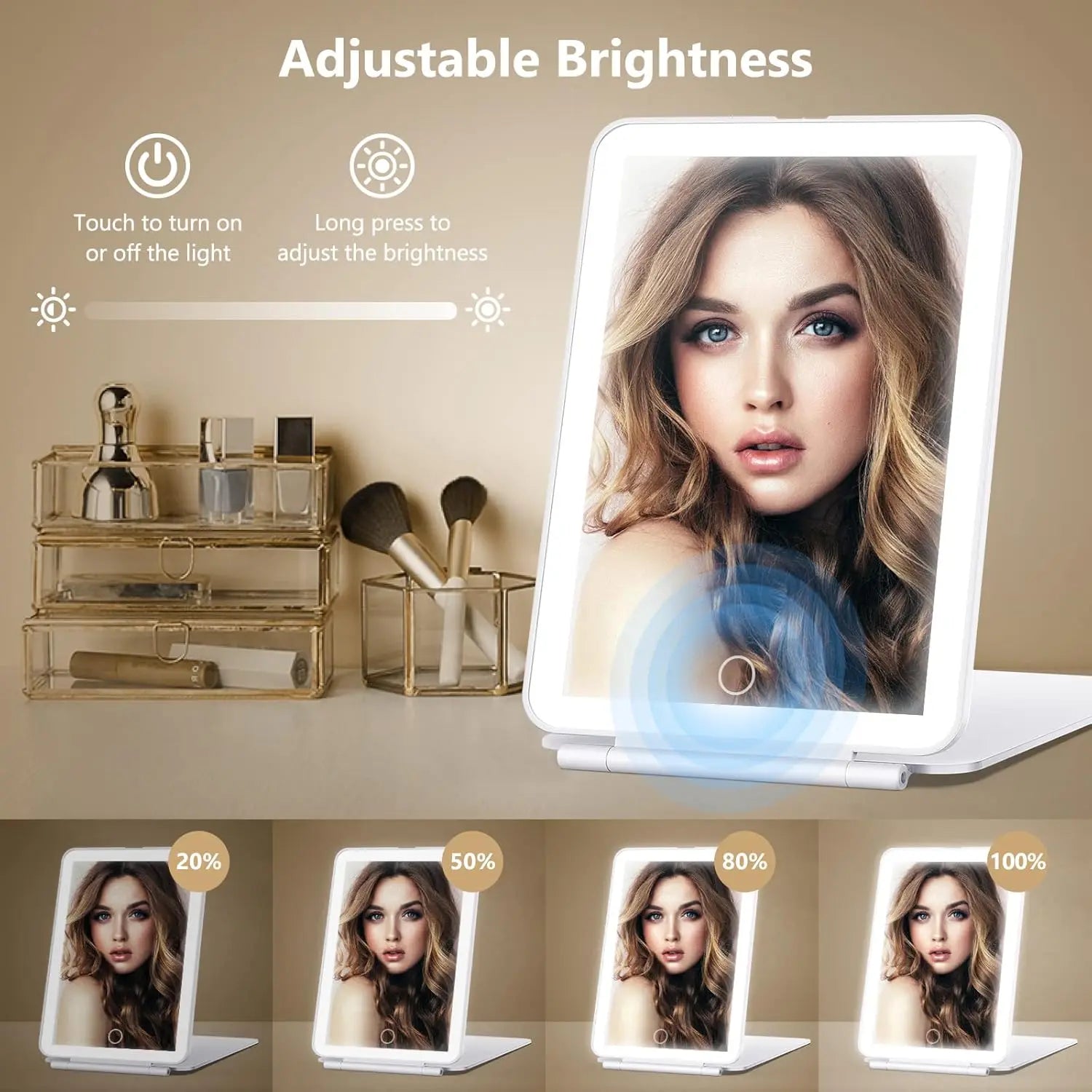 LED Foldable Travel Makeup Mirror 3 Colors Light Modes USB Rechargeable Touch Screen Portable Tabletop Cosmetic Mirror Handheld
