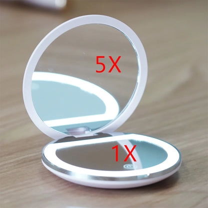 5X Magnification Mini Compact Foldable LED Makeup Mirror Touch Controlled Rechargeable Portable for Travel Pocket Personalized