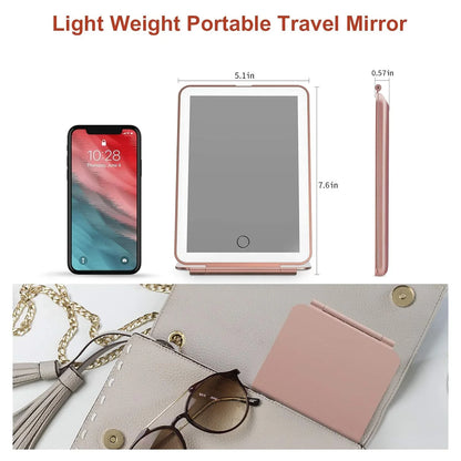 LED Foldable Travel Makeup Mirror 3 Colors Light Modes USB Rechargeable Touch Screen Portable Tabletop Cosmetic Mirror Handheld