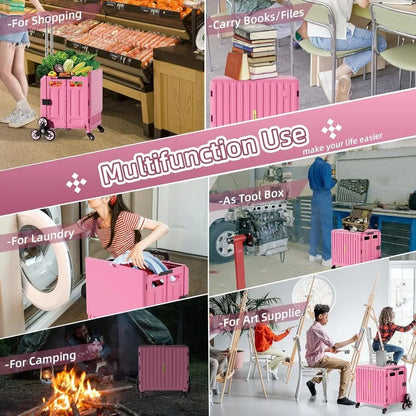 Folding Utility Cart for Housewife &amp; Parents: Expandable Rolling Cart with Wheels, Pink Storage Organizer for Home