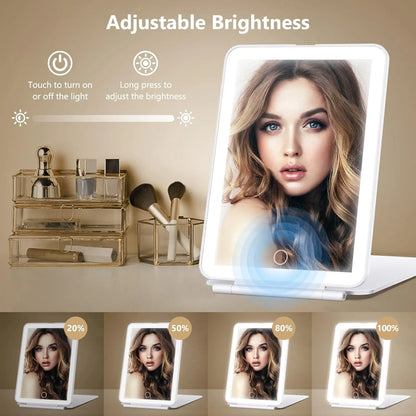 LED Foldable Travel Makeup Mirror 3 Colors Light Modes USB Rechargeable Touch Screen Portable Tabletop Cosmetic Mirror Handheld